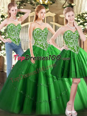 Most Popular Sleeveless Floor Length Beading Lace Up Vestidos de Quinceanera with Green