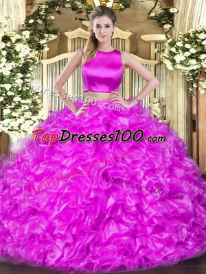 Ruffles Quinceanera Gowns Hot Pink Criss Cross Sleeveless Floor Length