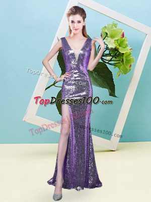 Glorious Eggplant Purple Mermaid V-neck Sleeveless Sequined Floor Length Zipper Sequins Prom Party Dress