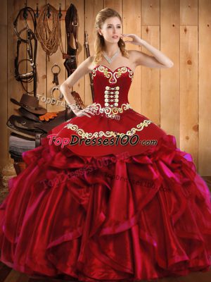 Affordable Wine Red Sweet 16 Dress Military Ball and Sweet 16 and Quinceanera with Embroidery and Ruffles Sweetheart Sleeveless Lace Up