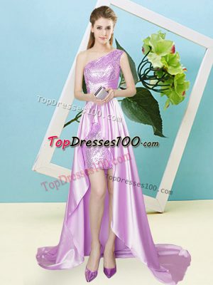 Gorgeous High Low Lace Up Prom Dress Lilac for Prom and Party with Sequins
