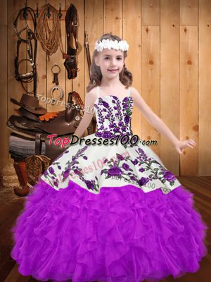 Top Selling Sleeveless Floor Length Beading and Embroidery and Ruffles Lace Up Party Dress with Purple