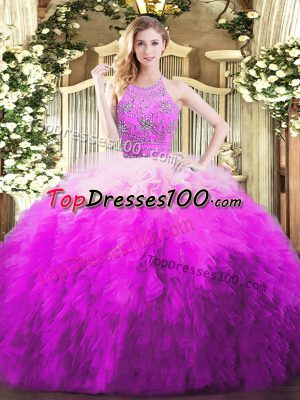 Sophisticated Ball Gowns Quince Ball Gowns Multi-color Halter Top Tulle Sleeveless Floor Length Zipper