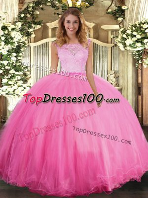 Rose Pink Sleeveless Floor Length Lace Clasp Handle Sweet 16 Dresses