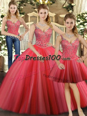 Floor Length Coral Red Quince Ball Gowns Straps Sleeveless Lace Up
