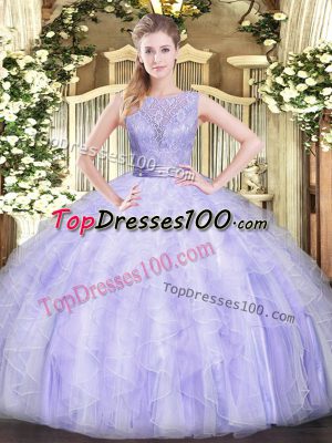 Custom Design Lavender Sleeveless Floor Length Beading and Ruffles Backless 15th Birthday Dress