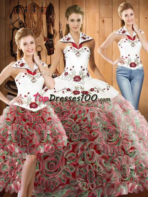 Multi-color Fabric With Rolling Flowers Lace Up Halter Top Sleeveless Vestidos de Quinceanera Sweep Train Embroidery