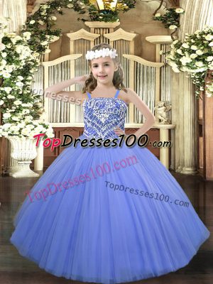 Luxurious Blue Party Dress for Toddlers Party and Quinceanera with Beading Straps Sleeveless Lace Up