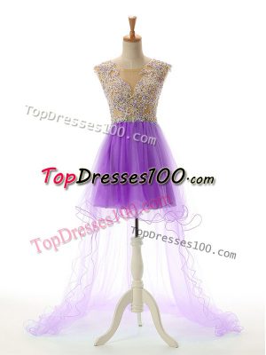 Stunning Sleeveless High Low Appliques Backless Prom Dress with Eggplant Purple