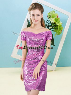 Adorable Mini Length Lilac Prom Gown Sequined Short Sleeves Sequins