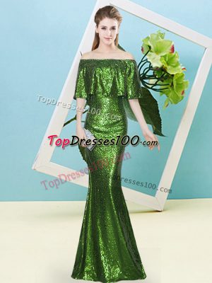 Green Mermaid Off The Shoulder Half Sleeves Sequined Floor Length Zipper Sequins Dress for Prom