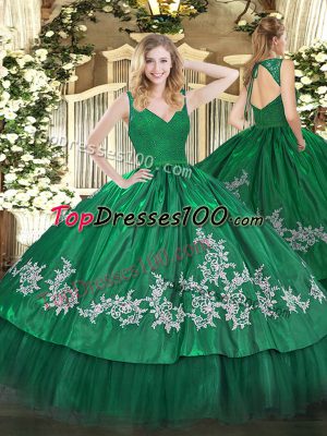 Unique Dark Green Zipper V-neck Beading and Appliques Sweet 16 Quinceanera Dress Taffeta Sleeveless