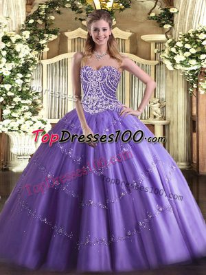 Hot Sale Lavender Lace Up Sweetheart Beading Quinceanera Gowns Tulle Sleeveless
