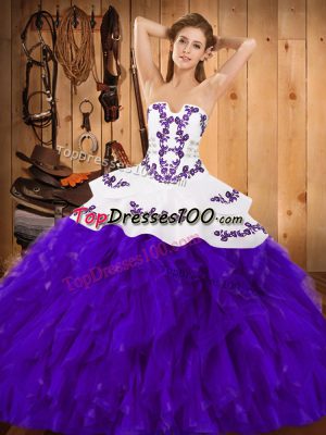 Great White And Purple Sweet 16 Dress Military Ball and Sweet 16 and Quinceanera with Embroidery and Ruffles Strapless Sleeveless Lace Up