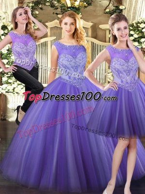 Shining Lavender Three Pieces Tulle Scoop Sleeveless Beading Floor Length Zipper Quinceanera Dress