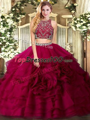 Super Tulle High-neck Sleeveless Zipper Beading and Ruffled Layers Ball Gown Prom Dress in Fuchsia