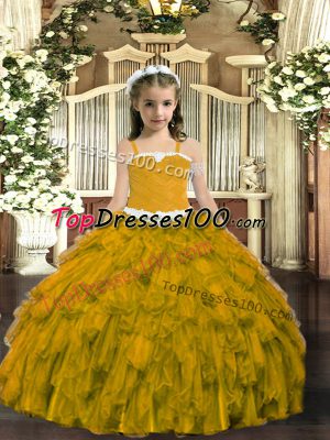 Brown Sleeveless Appliques and Ruffles Floor Length Girls Pageant Dresses