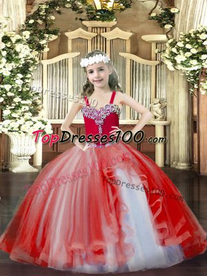 Pretty Red Tulle Lace Up Straps Sleeveless Floor Length Kids Formal Wear Beading