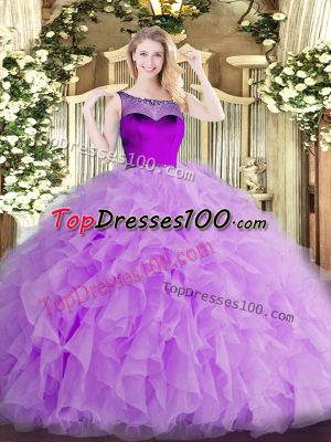 High Quality Scoop Sleeveless Quinceanera Gowns Floor Length Beading and Ruffles and Hand Made Flower Lavender Organza