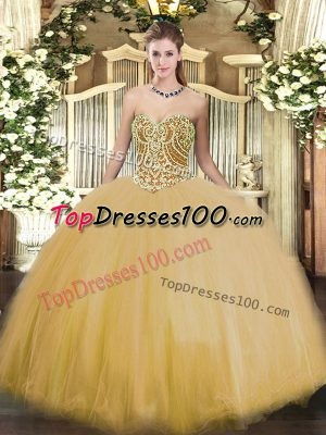 High Quality Gold Lace Up Sweetheart Beading Sweet 16 Dresses Tulle Sleeveless