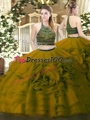 Cute Two Pieces Sweet 16 Quinceanera Dress Olive Green Halter Top Tulle Sleeveless Floor Length Zipper