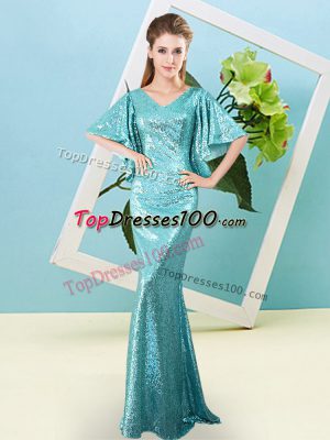 Aqua Blue Mermaid V-neck Half Sleeves Sequined Floor Length Zipper Sequins Prom Party Dress