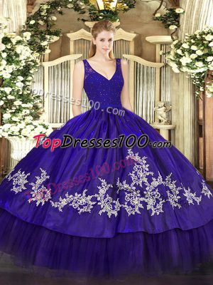 Lovely Purple Taffeta Backless V-neck Sleeveless Floor Length Quince Ball Gowns Beading and Lace and Appliques