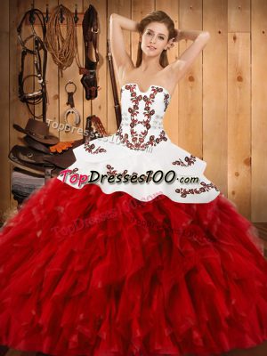 Colorful Ball Gowns Quinceanera Gowns Wine Red Strapless Satin and Organza Sleeveless Floor Length Lace Up