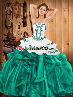 Decent Turquoise Ball Gowns Satin and Organza Strapless Sleeveless Embroidery and Ruffles Floor Length Lace Up 15th Birthday Dress