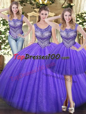 Deluxe Sweetheart Sleeveless Quinceanera Gowns Floor Length Beading Lavender Tulle