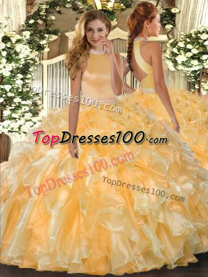 Best Selling Sleeveless Backless Floor Length Beading and Ruffles Quinceanera Dress
