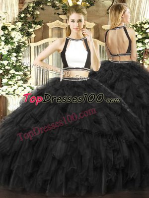 Flirting Two Pieces 15 Quinceanera Dress Black Halter Top Tulle Sleeveless Floor Length Backless