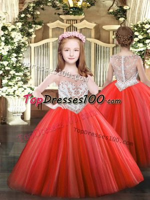 Floor Length Ball Gowns Sleeveless Coral Red Little Girl Pageant Dress Zipper