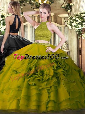 Deluxe Floor Length Olive Green Sweet 16 Quinceanera Dress Halter Top Sleeveless Backless
