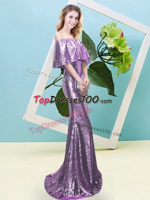 Lavender Half Sleeves Sequined Zipper Prom Dresses for Prom and Party