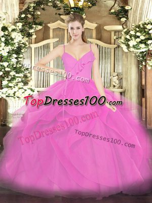 Designer Floor Length Hot Pink Quinceanera Gown Tulle Sleeveless Ruffles