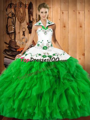Green Lace Up Vestidos de Quinceanera Embroidery and Ruffles Sleeveless Floor Length
