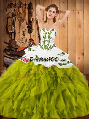 Satin and Organza Strapless Sleeveless Lace Up Embroidery and Ruffles Quinceanera Dresses in Olive Green
