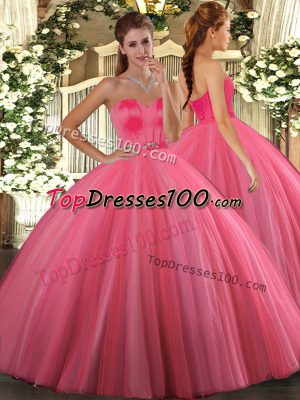Coral Red Tulle Lace Up 15th Birthday Dress Sleeveless Floor Length Beading