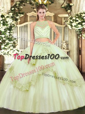 Fashionable Yellow Green Two Pieces Scoop Sleeveless Tulle Floor Length Zipper Beading and Appliques Quinceanera Dress