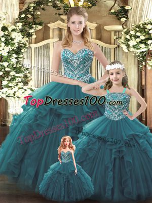 Modest Teal Quinceanera Gown Military Ball and Sweet 16 and Quinceanera with Beading and Ruffles Sweetheart Sleeveless Lace Up