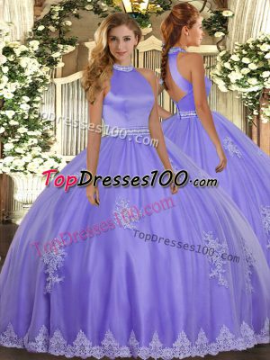 Lavender Ball Gowns Tulle Halter Top Sleeveless Beading and Appliques Floor Length Backless Quinceanera Dresses