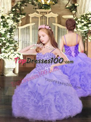 New Arrival Lavender Lace Up Spaghetti Straps Appliques and Ruffles and Pick Ups Child Pageant Dress Organza Sleeveless