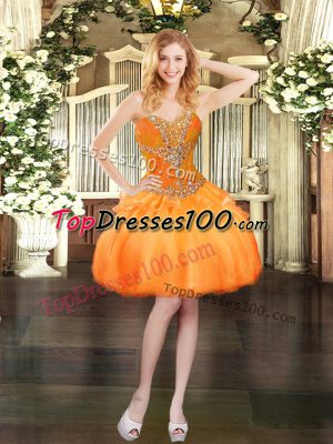 Orange Organza Lace Up Evening Dress Sleeveless Mini Length Beading