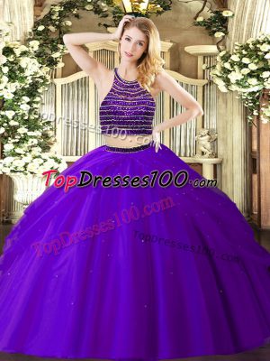 Pretty Ball Gowns Ball Gown Prom Dress Purple Halter Top Tulle Sleeveless Floor Length Zipper