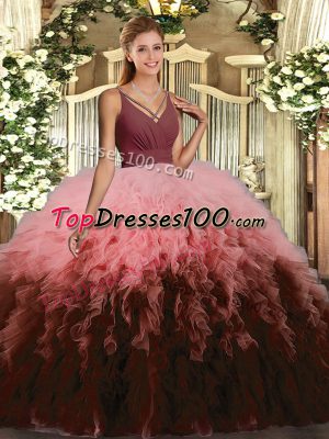 Multi-color Ball Gowns Ruffles Quince Ball Gowns Backless Tulle Sleeveless Floor Length