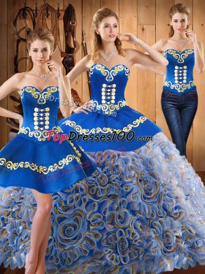 Best Multi-color Three Pieces Satin and Fabric With Rolling Flowers Strapless Sleeveless Embroidery With Train Lace Up Sweet 16 Dress Sweep Train