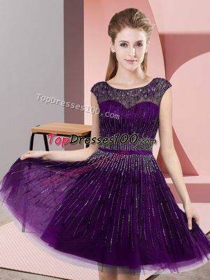 Dark Purple Empire Scoop Sleeveless Tulle Knee Length Backless Beading Homecoming Dress