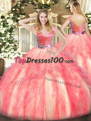 Hot Selling Watermelon Red Sleeveless Tulle Zipper Quinceanera Gown for Military Ball and Sweet 16 and Quinceanera