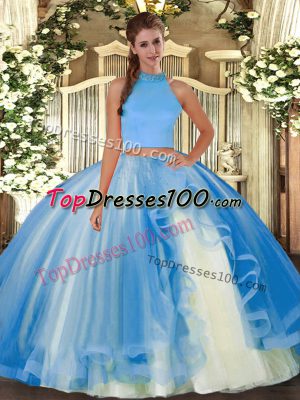 Light Blue Ball Gown Prom Dress Military Ball and Sweet 16 and Quinceanera with Beading and Ruffles Halter Top Sleeveless Backless